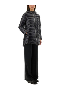 Herno women’s piumino shape resort black quilted puffer jacket with hood and silver zipper front view