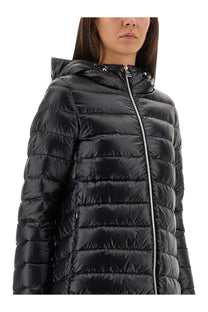 Herno women’s piumino shape resort black quilted puffer jacket with hood and silver zipper front view