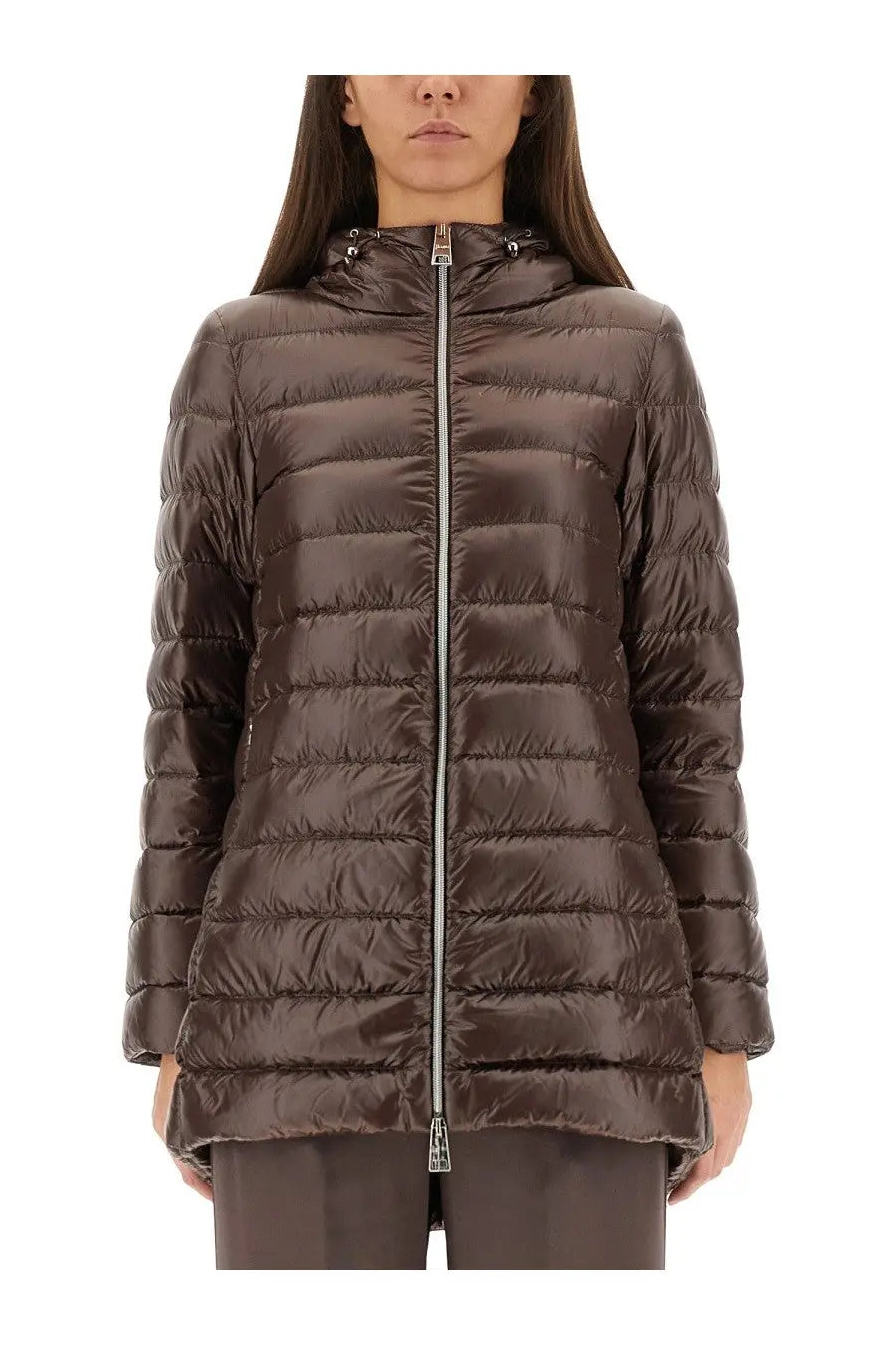 Herno women’s piumino shape resort brown quilted puffer jacket with hood and silver zipper