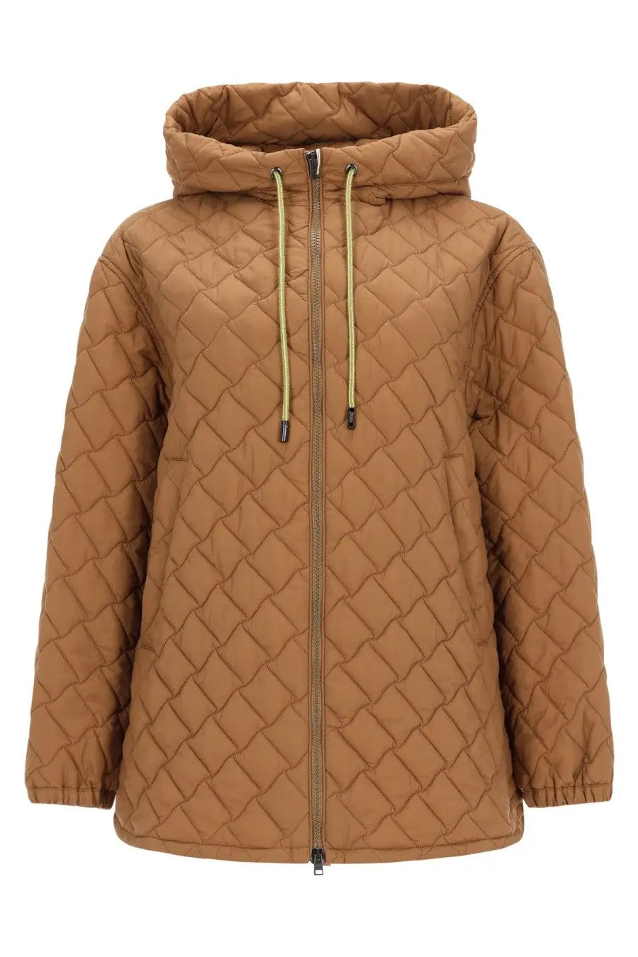 Herno women’s quilted jacket brown tan with diamond stitching and light green drawstrings hooded design