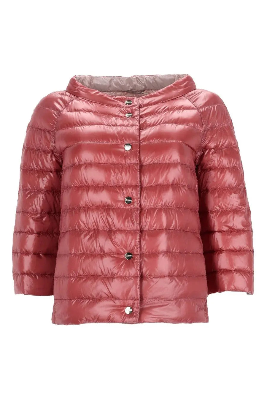 Herno women’s reversible padded coat in shiny rose-colored quilted puffer design with hood and silver buttons
