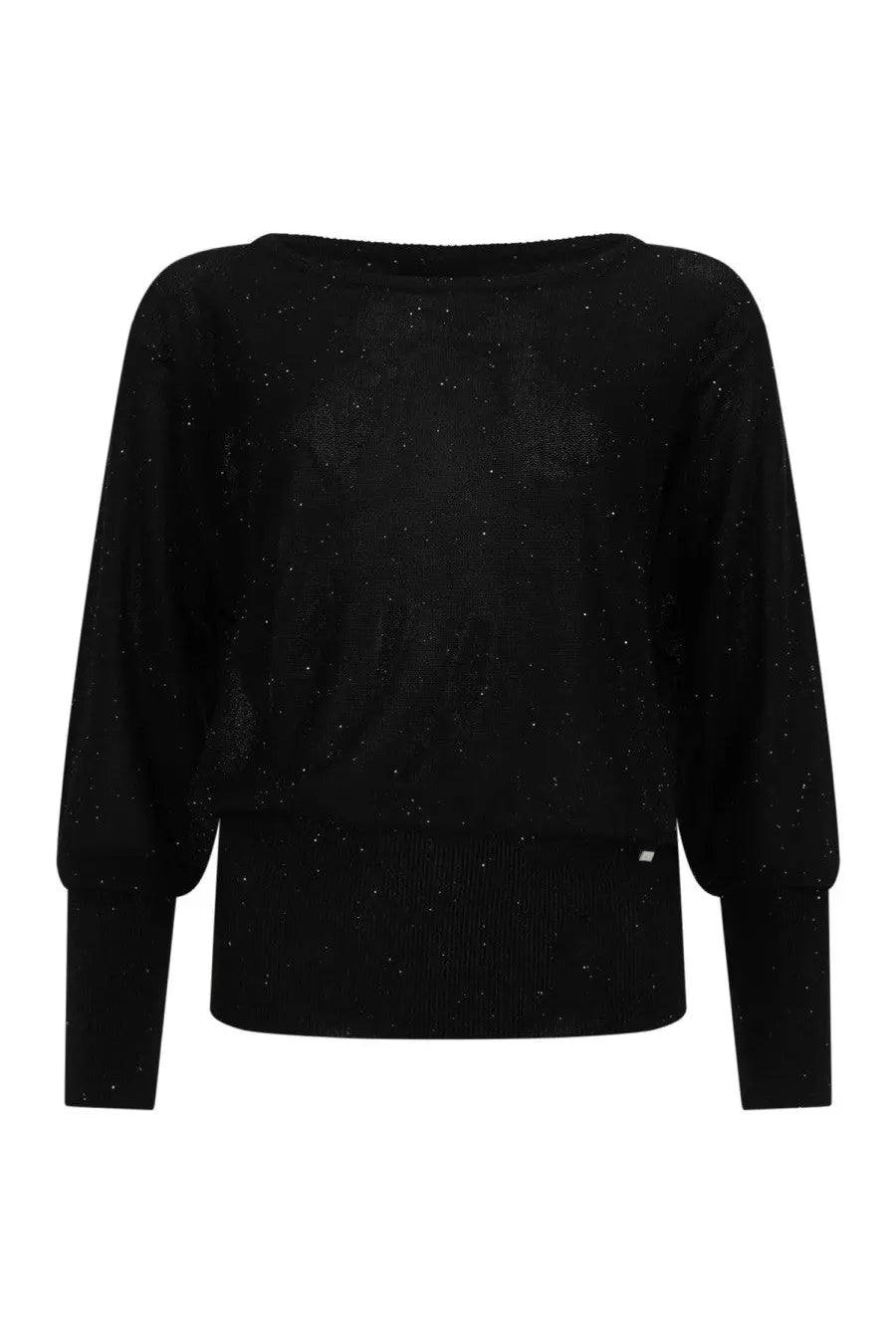 Herno women’s sequined shirt black with black sparkly knit fabric wide slightly puffed sleeves and ribbed hem