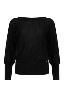 Herno women’s sequined shirt black with black sparkly knit fabric wide slightly puffed sleeves and ribbed hem