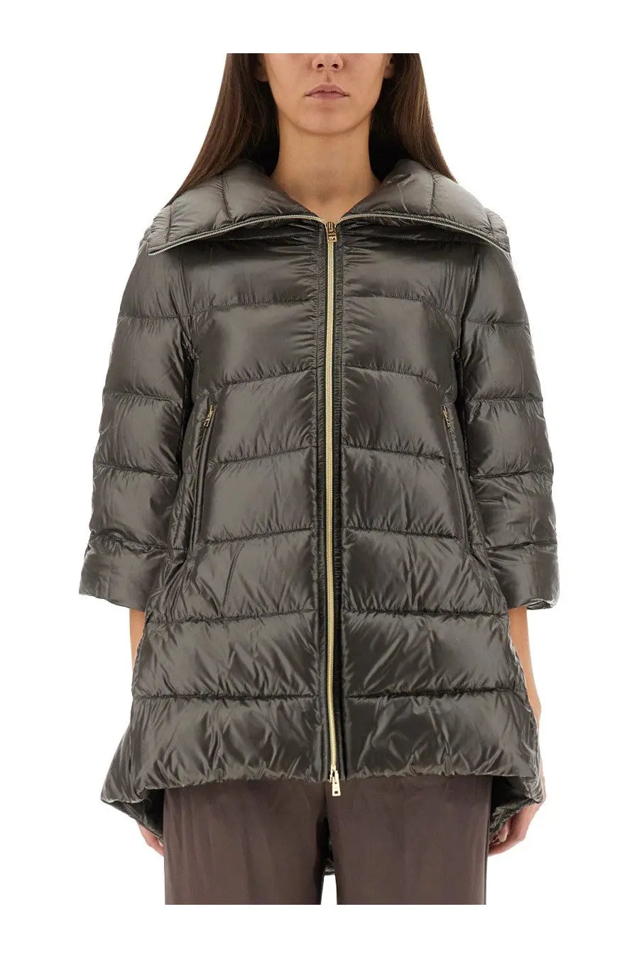 Herno women’s shape cleofe jacket black sleek dark gray quilted puffer jacket with wide hood and gold-tone zipper