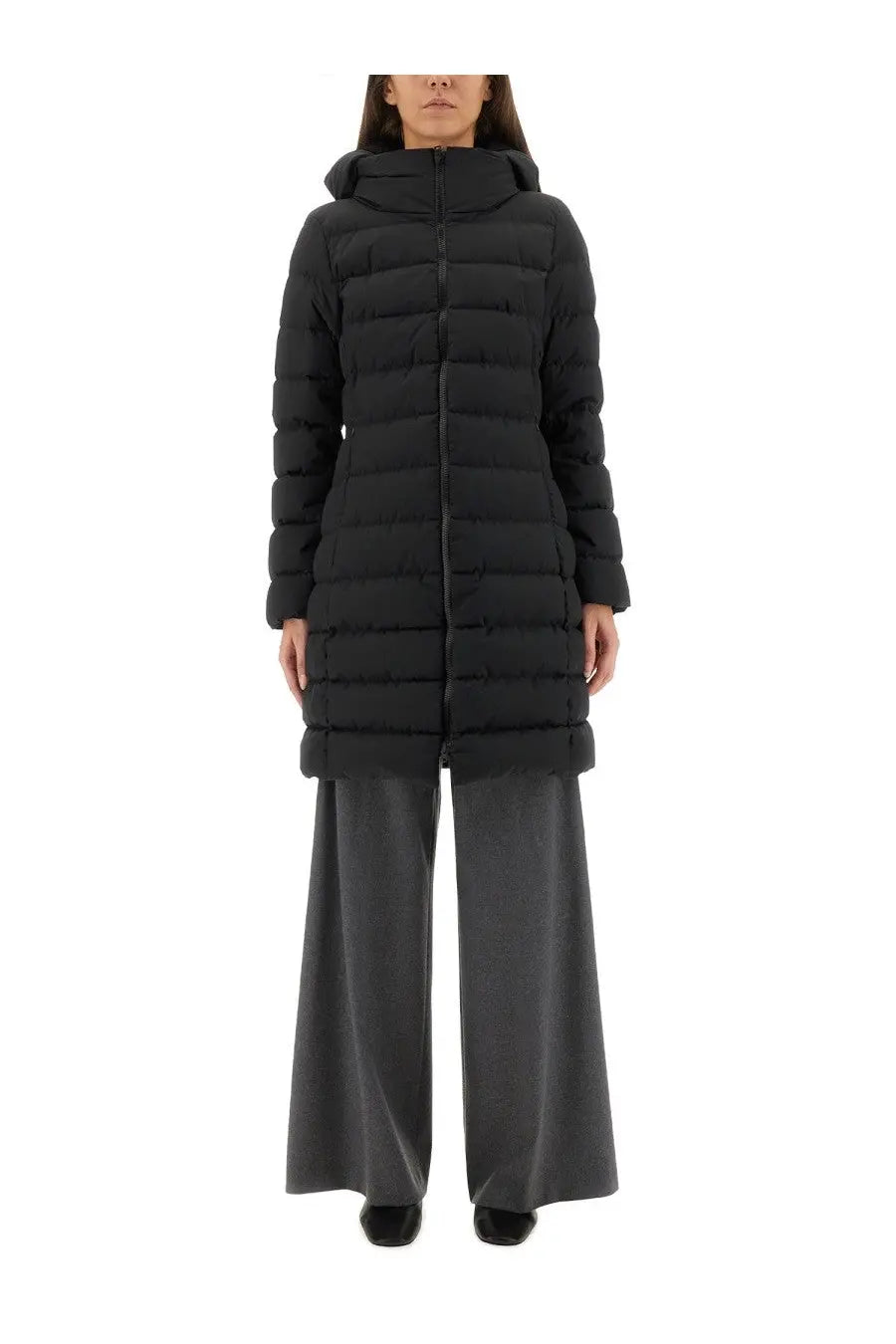 Herno women’s black quilted hooded puffer coat with two layer windstopper fabric for cold weather protection