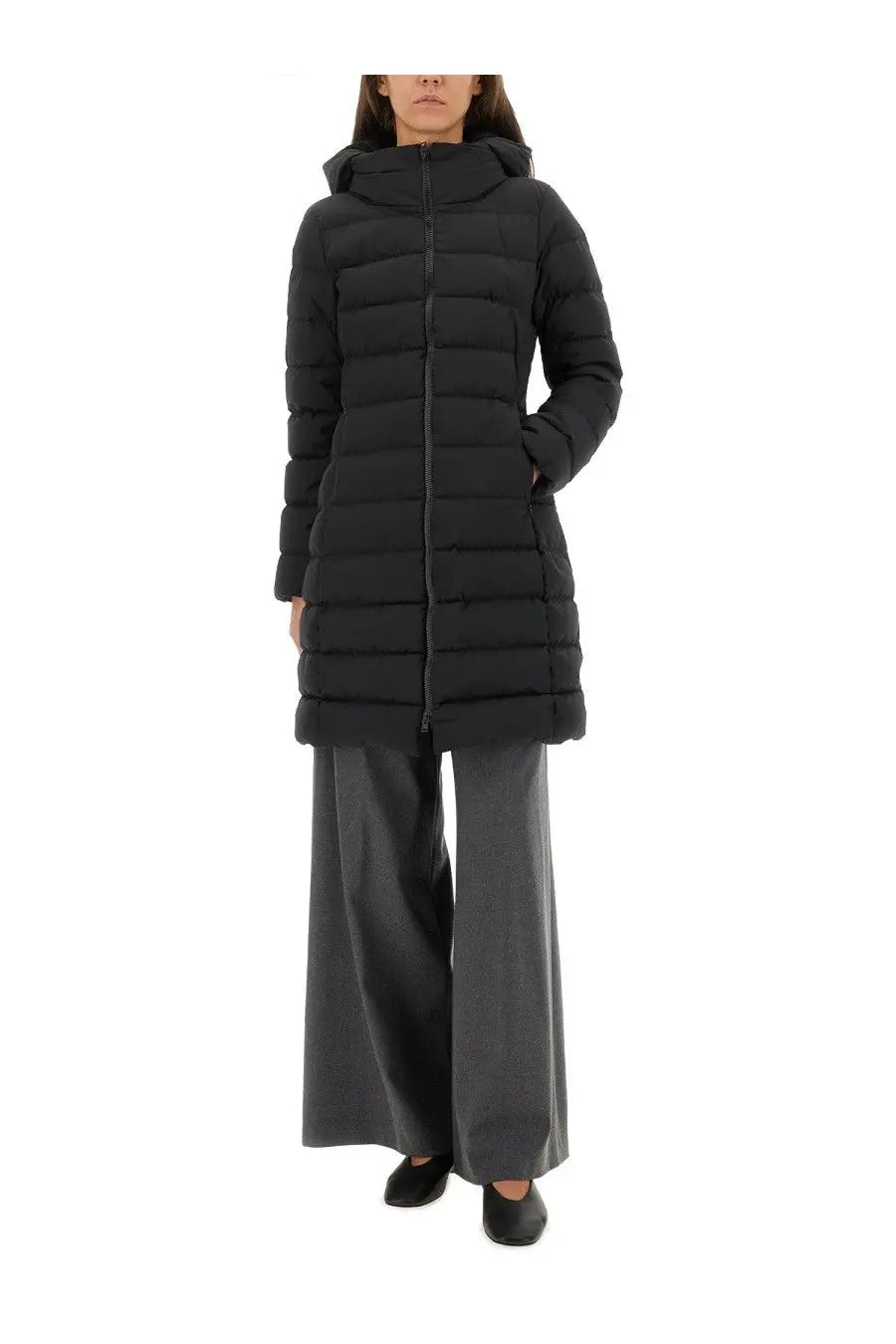 Black quilted hooded puffer coat by herno with two layer windstopper fabric for women in black color