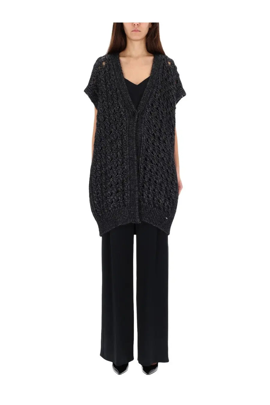 Herno women’s vest black knitted open-front cardigan with short sleeves and a textured shimmering pattern