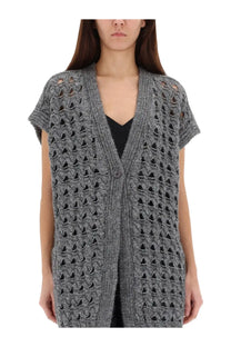 Hernos women’s grey knit cardigan vest with textured openwork triangular cutouts and short sleeves