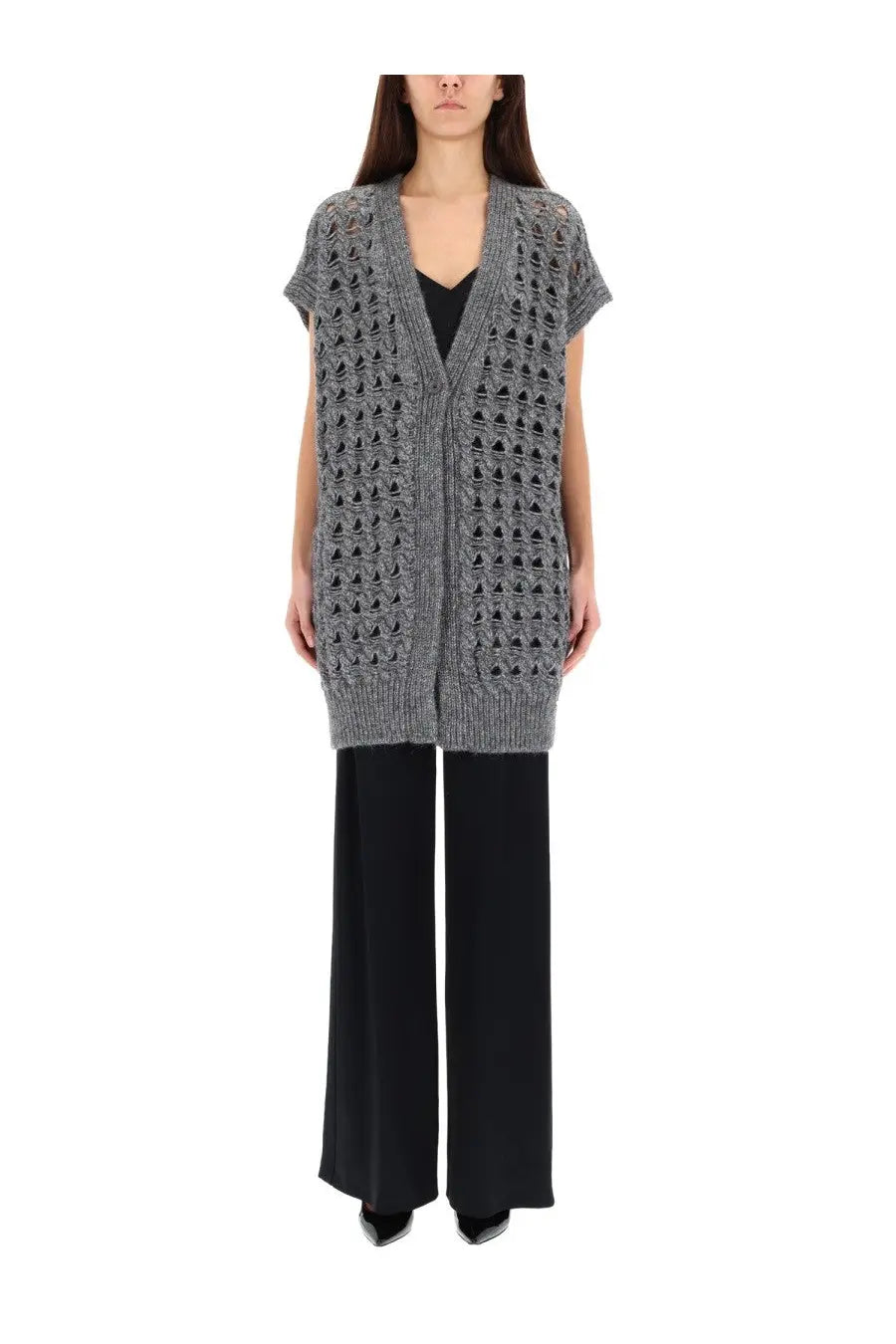 Grey knit open-front vest by herno featuring a textured triangular-patterned mesh design for women