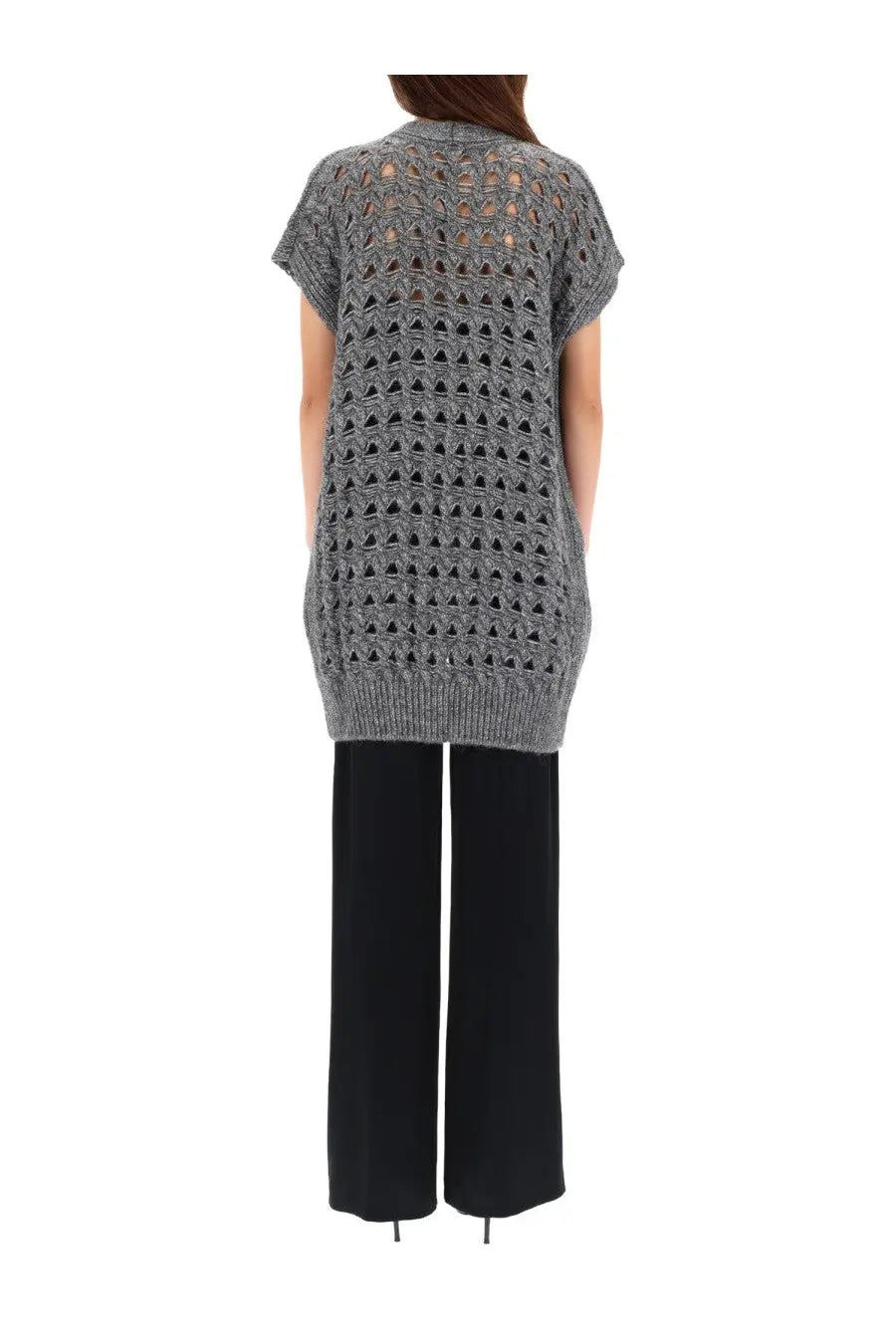 Herno women’s gray knitted vest with geometric openwork pattern and short sleeves made from soft yarn