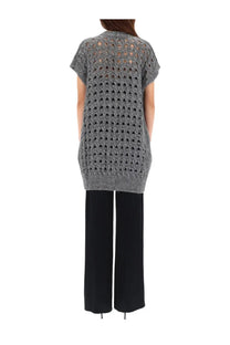 Herno women’s gray knitted vest with geometric openwork pattern and short sleeves made from soft yarn