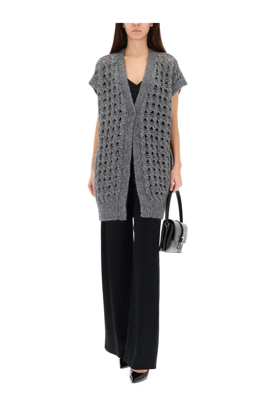 Herno women’s gray knitted open-front vest with textured geometric pattern and lightweight design