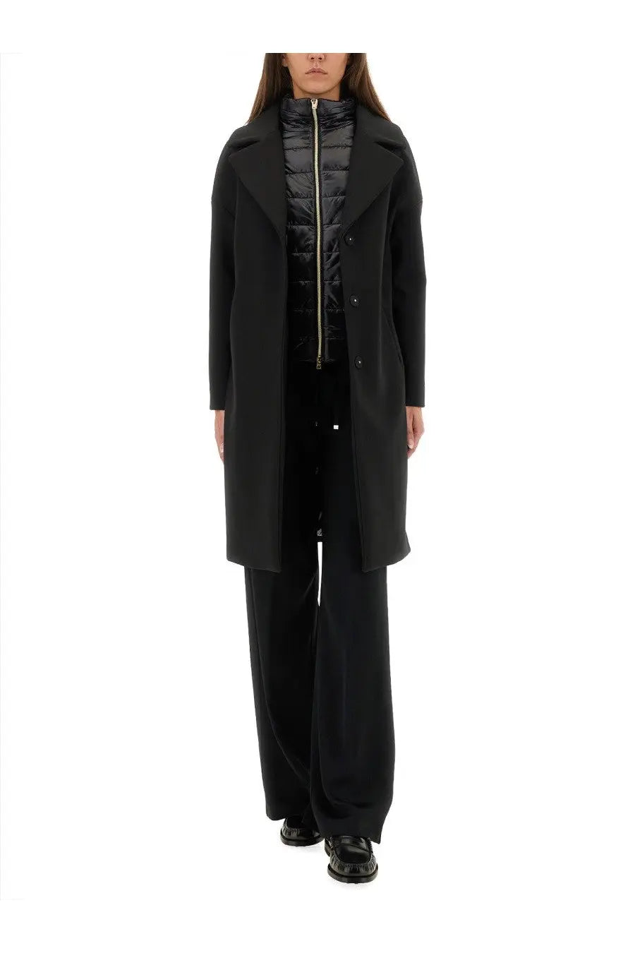 Herno women’s wool coat black with structured collar and front button closure in black wool blend fabric