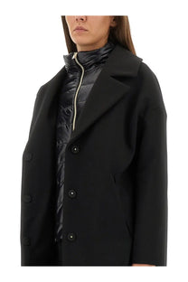 Herno women’s black wool coat featuring a structured collar and matte black double-breasted buttons