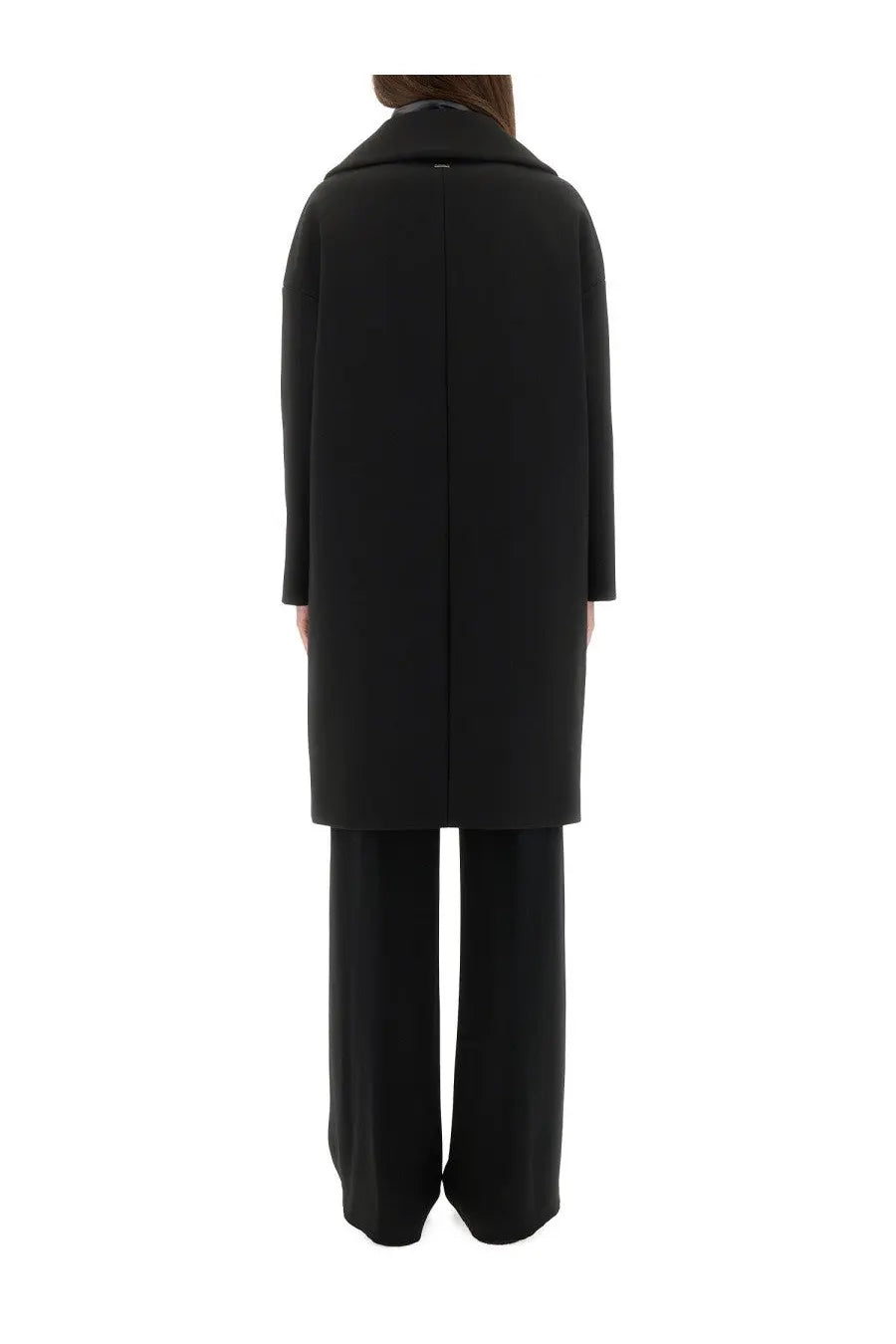 Herno women’s black wool coat with structured collar and straight-cut silhouette perfect for cold weather