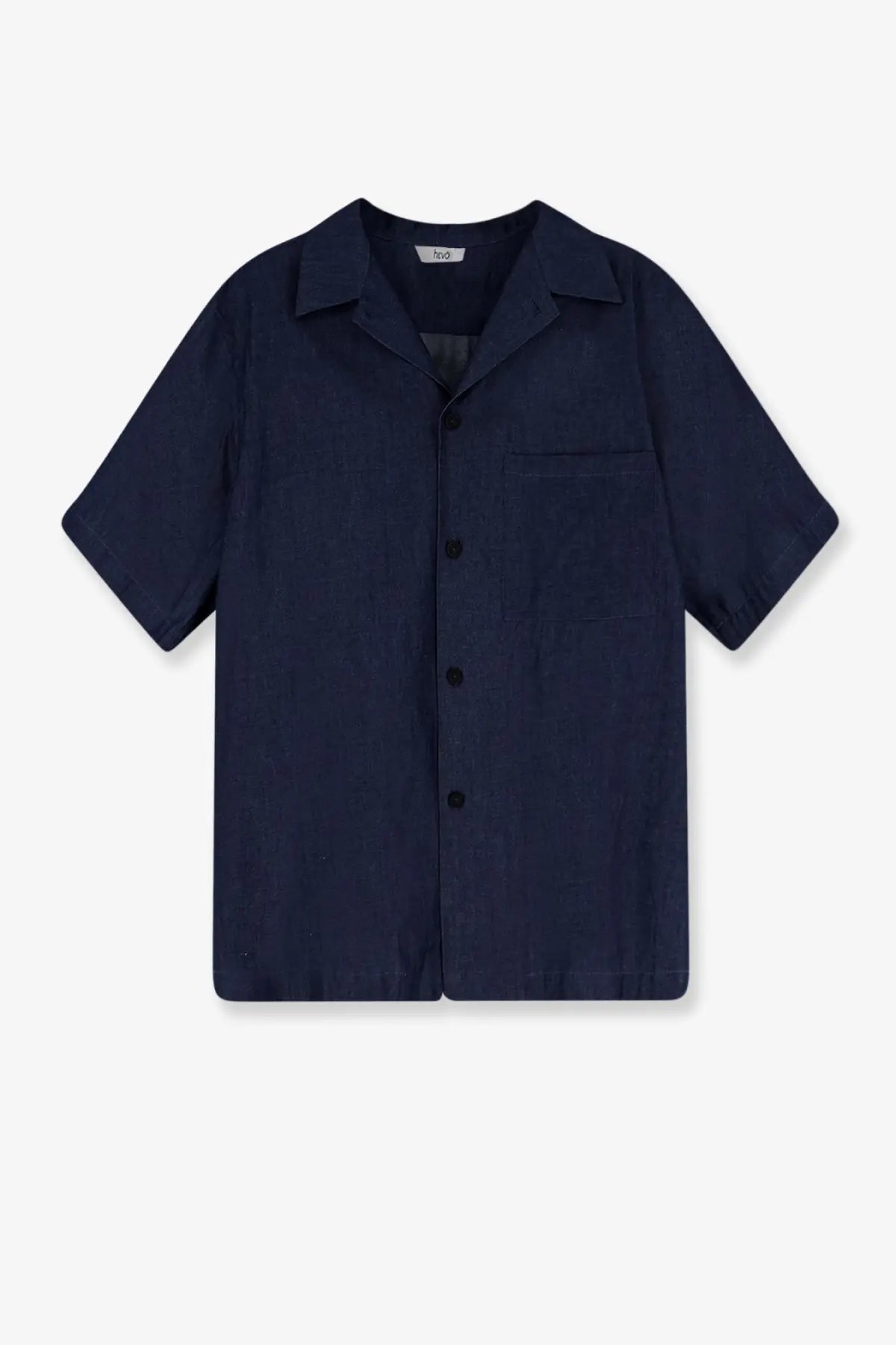 Hevò men’s blue denim shirt navy blue short-sleeved button-up with collar and chest pocket