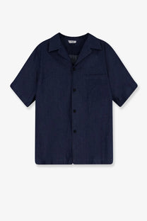 Hevò men’s blue denim shirt navy blue short-sleeved button-up with collar and chest pocket