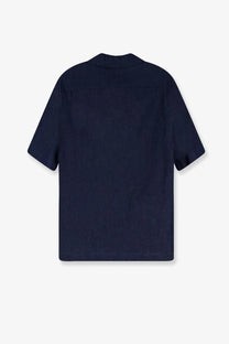 Hevò men’s blue denim shirt in navy blue with short sleeves button-up collar and subtle stitching details