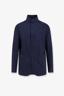 Hevò men’s casalvecchio navy blue wool blend blazer with stand collar dark buttons and two front pockets