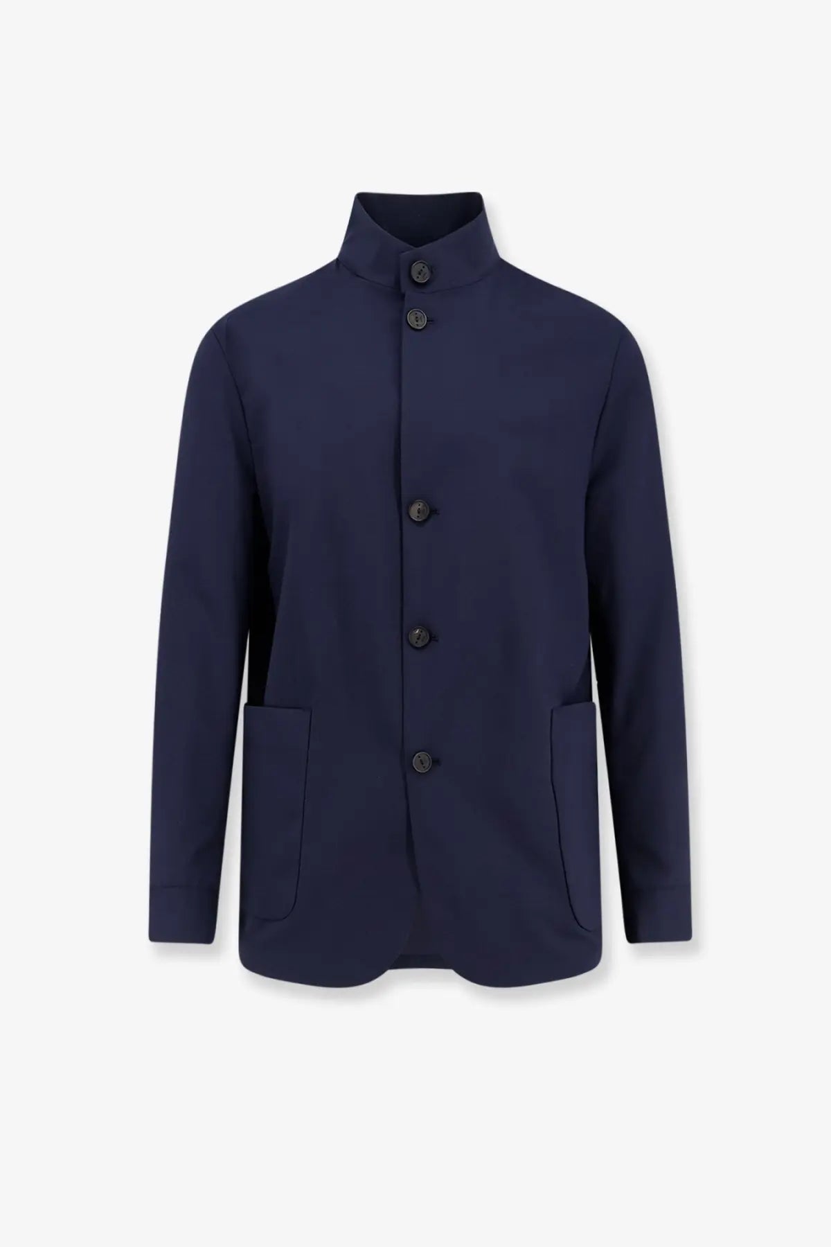 Hevò men’s casalvecchio navy blue wool blend stand collar blazer with dark buttons and two front pockets