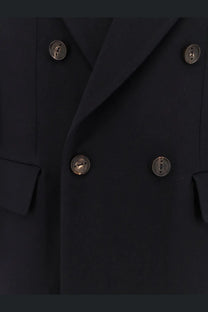 Black double-breasted cashmere coat with silver-toned buttons by hevò men’s collection