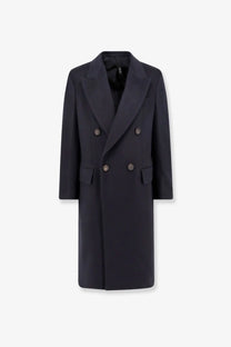 Black double-breasted wool overcoat with silver-toned buttons and notched lapels for hevò men’s cashmere coat blue