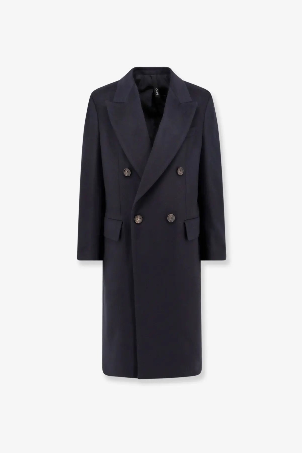 Black double breasted wool overcoat with silver toned buttons and notched lapels from hevò men’s cashmere coat blue collection