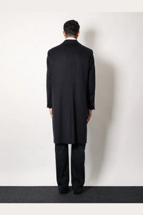 Hevò men’s cashmere coat blue featuring a black wool overcoat with notched lapels and single-breasted design