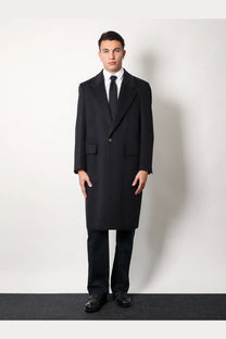 Black wool overcoat with notched lapels and two front flap pockets from hevò mens cashmere coat blue collection