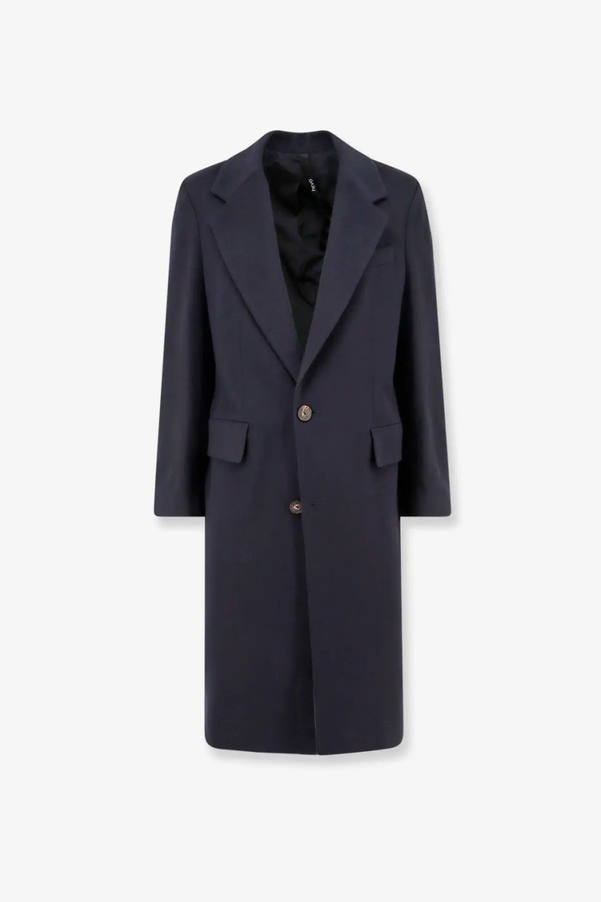 Hevò men’s cashmere coat in sleek navy blue wool with classic double-breasted design and two front pockets