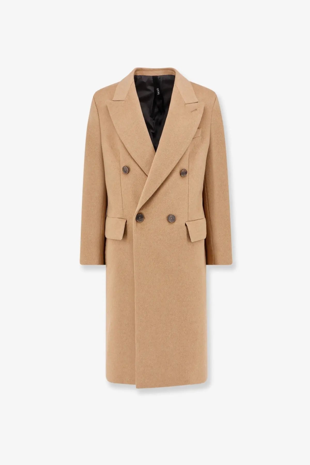 Hevò men’s cashmere coat brown beige double-breasted wool with dark brown buttons and black satin-lined collar