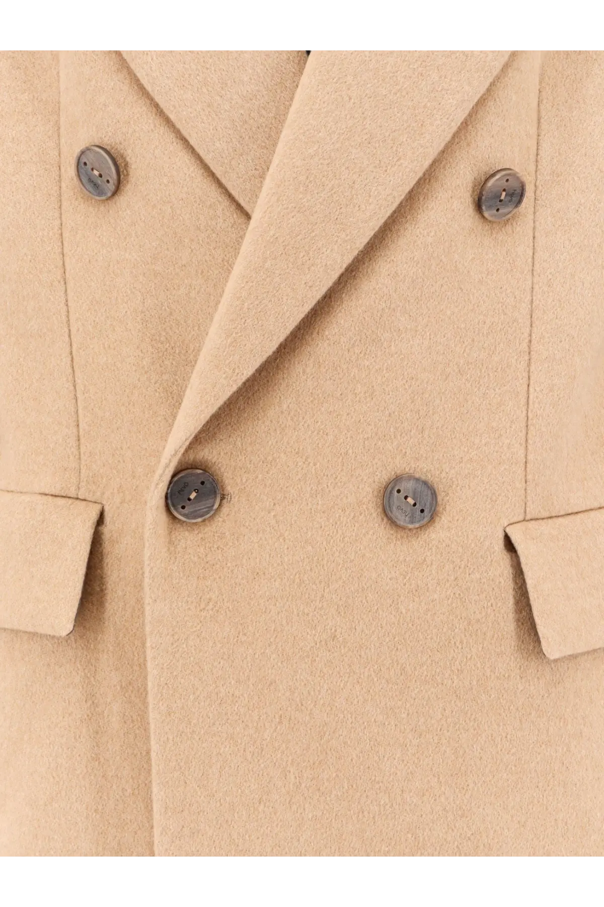 Beige wool double-breasted men’s coat with dark gray metal buttons from hevò brown cashmere collection