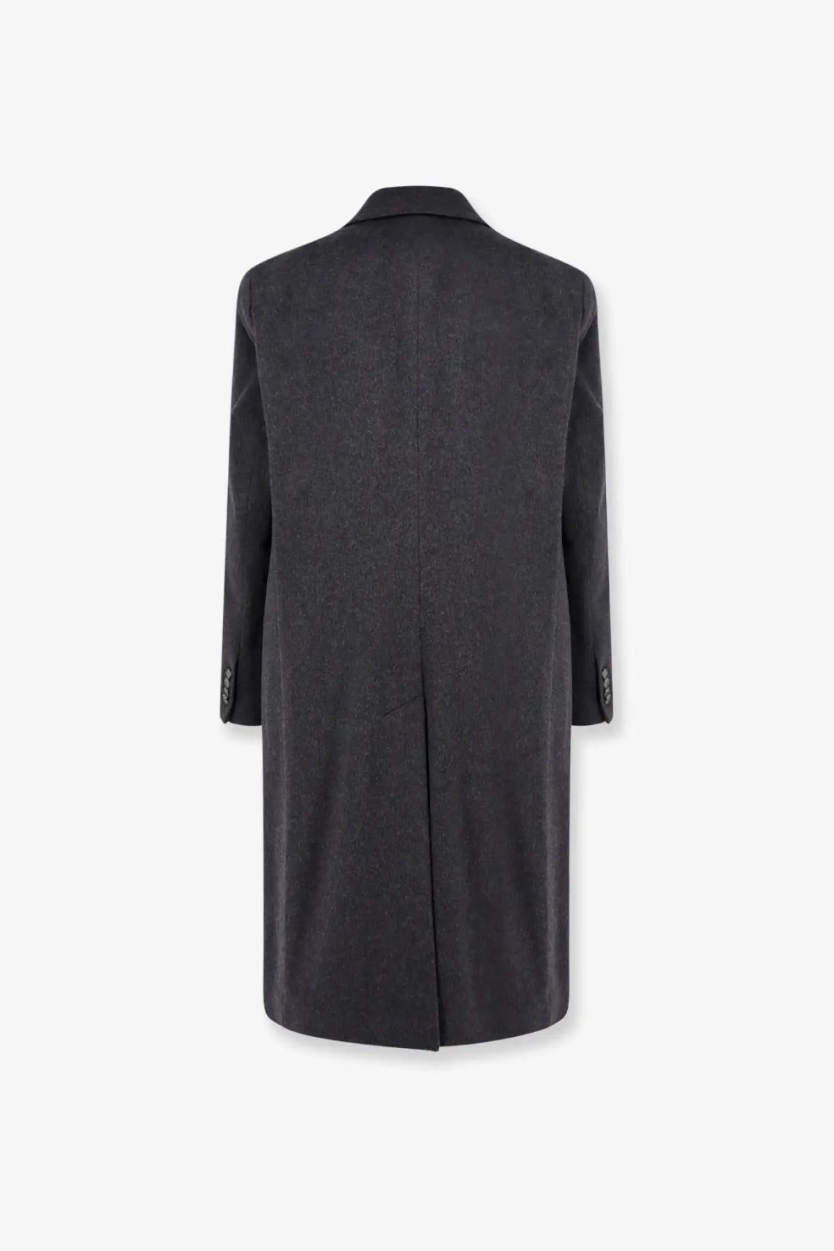 Hevò men’s cashmere coat grey in dark gray wool with subtle textured pattern and classic notched collar