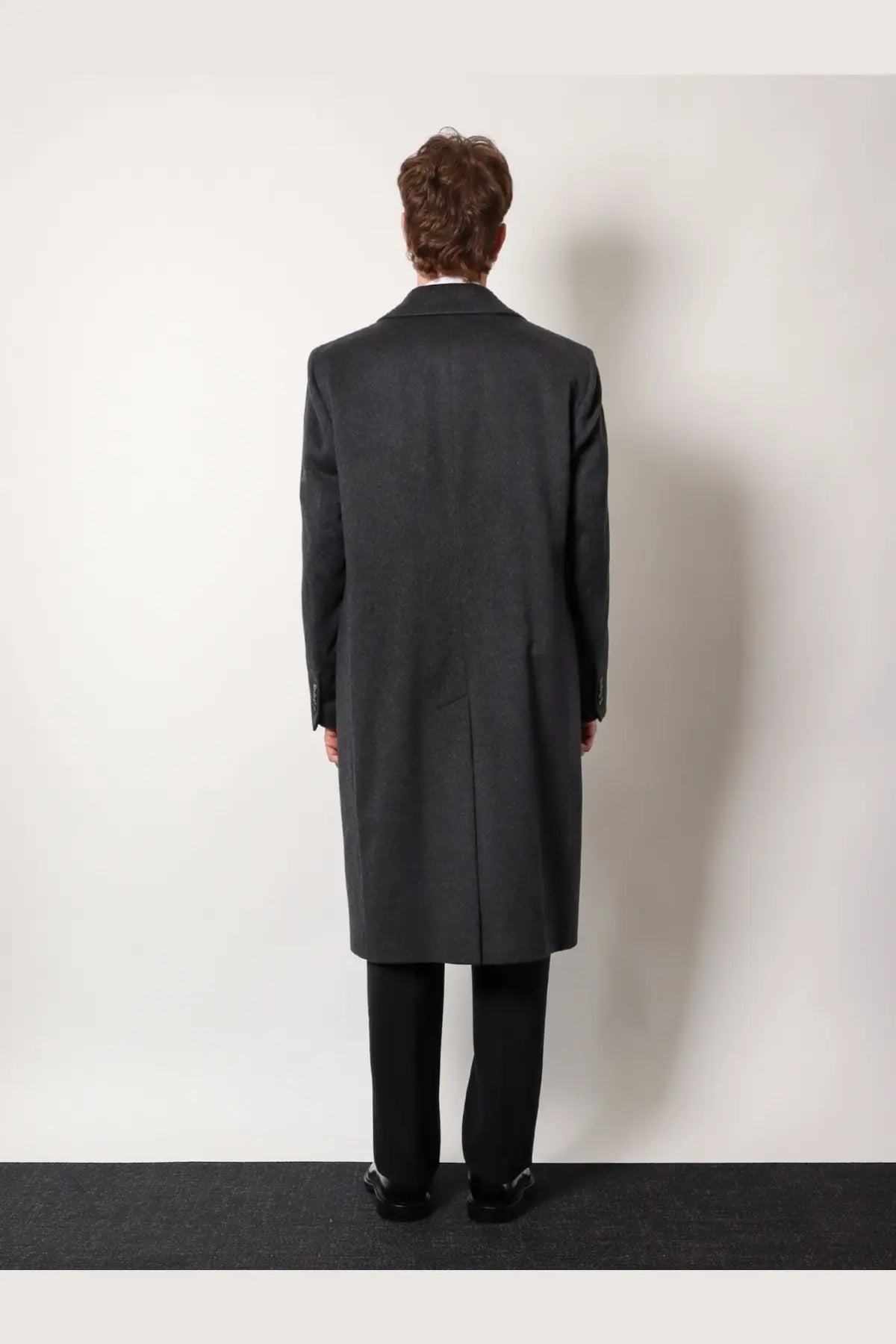 A sleek dark gray wool overcoat with classic notched collar and straight-cut silhouette hevò men’s cashmere coat gray