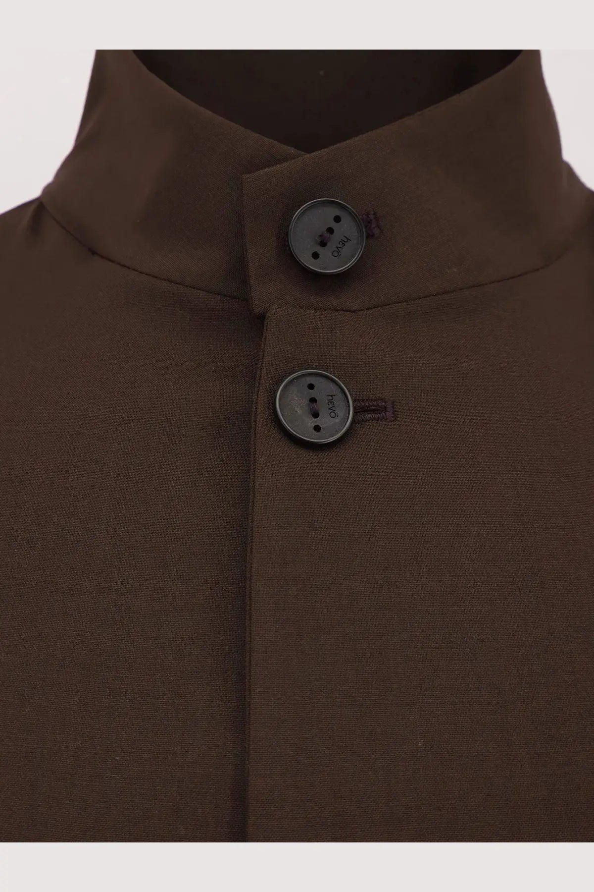 Hevò men’s Caslvecchio wool blend jacket in brown with dark brown button-up collar and textured dark gray buttons