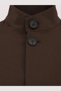 Hevò men’s Caslvecchio wool blend jacket in brown with dark brown button-up collar and textured dark gray buttons