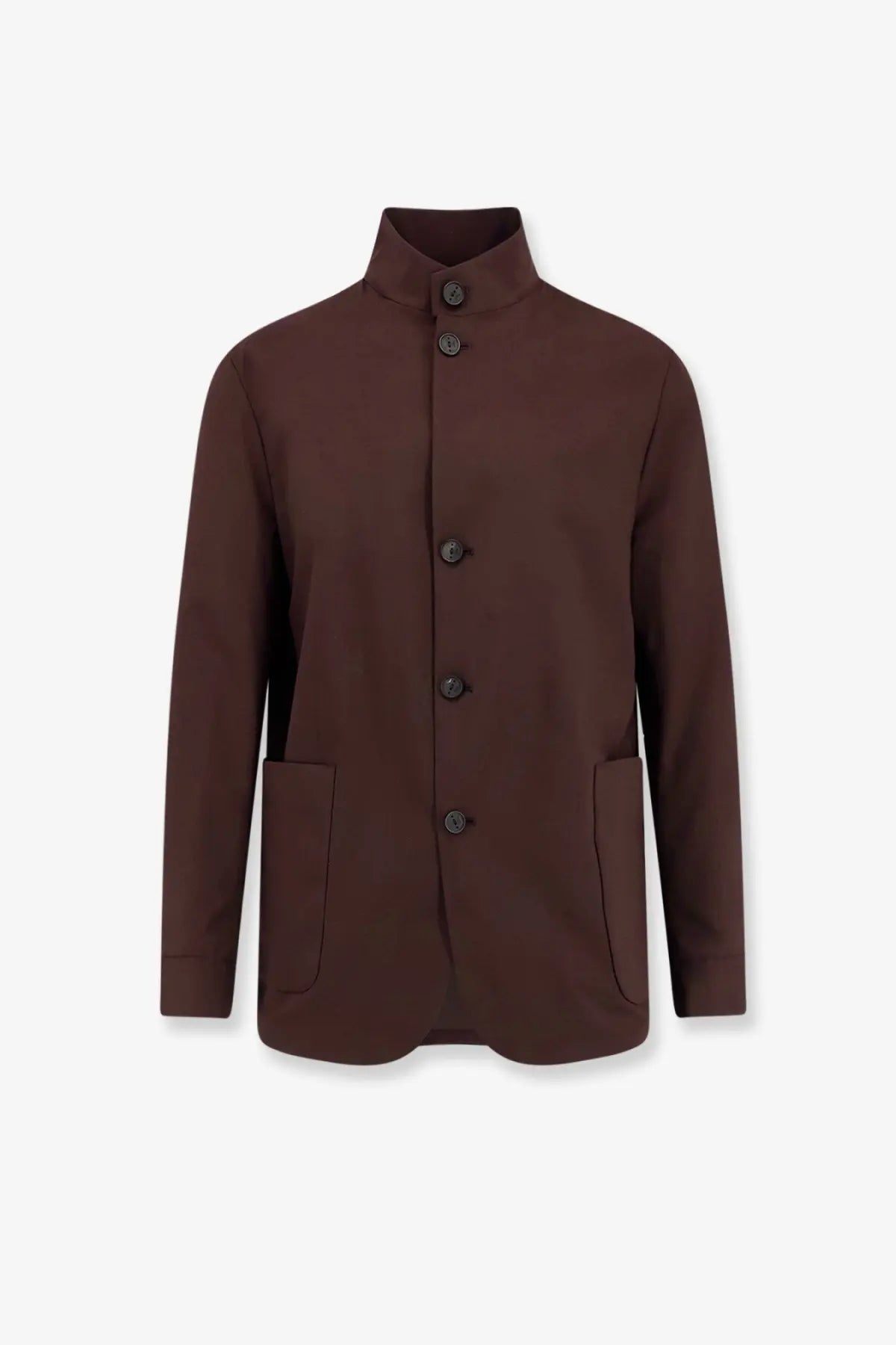 Hevò men’s Caslvecchio brown wool blend jacket with mandarin collar and button-up front pockets