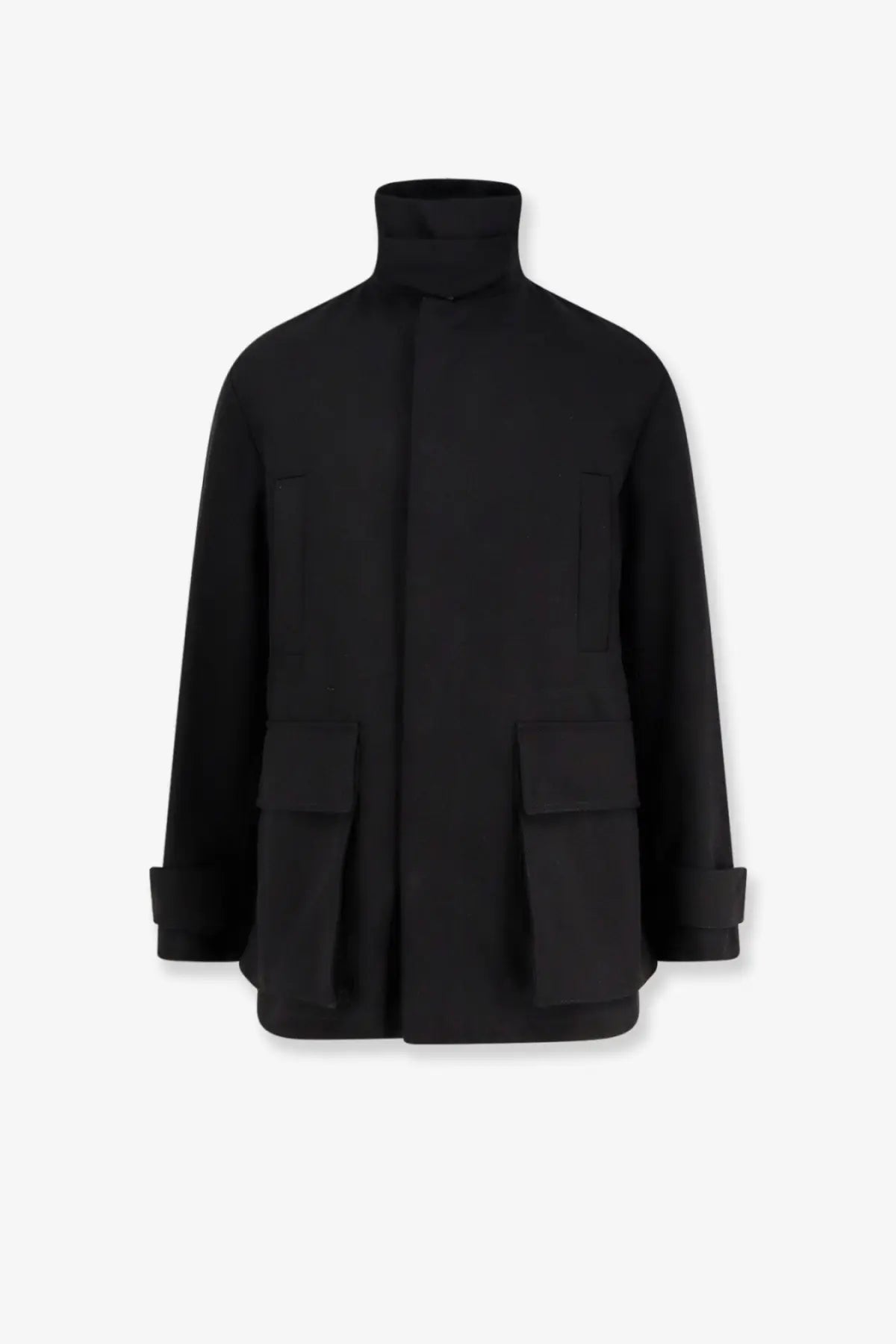 Hevò men’s castel del monte black cotton trench coat with high neck two large patch pockets and rolled cuffs
