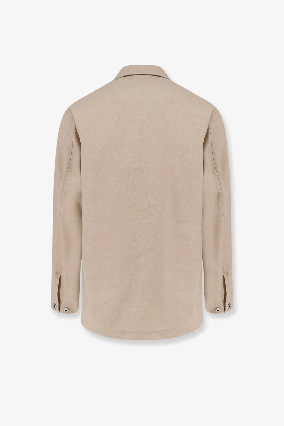 Beige long-sleeved button-up shirt with classic collar and subtle stitching details with cotton and linen blend