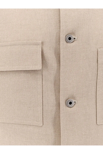 Beige linen shirt with silver toned buttons and flap pockets paired with hevò mens castelluccio green cotton and linen jacket