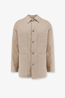Hevo men’s castelluccio beige utility jacket with four flap pockets and button closures in cotton and linen