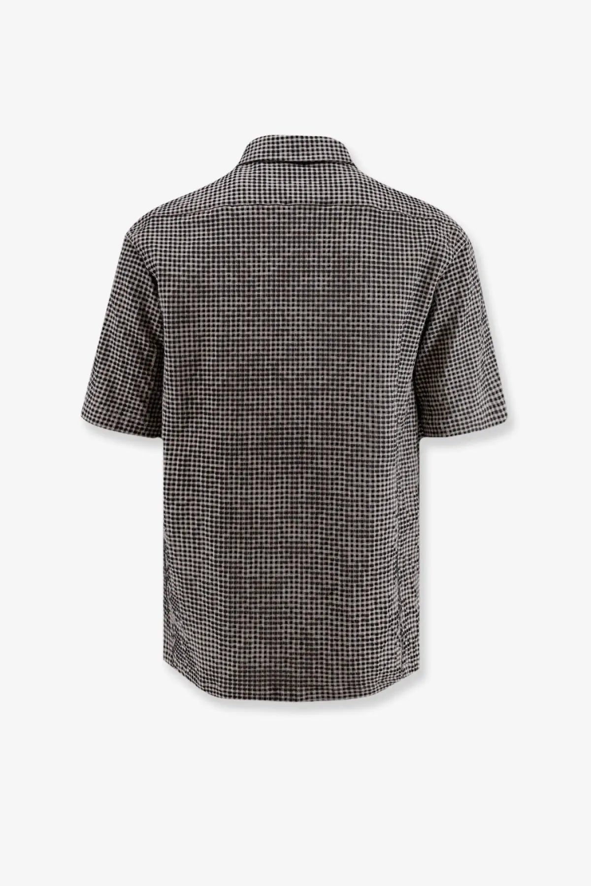 Hevò men’s short-sleeved cotton blend shirt in black with white checkered pattern and classic collar