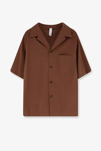 Hevò men’s cotton blend brown short-sleeved shirt with collar and chest pocket in minimalist design