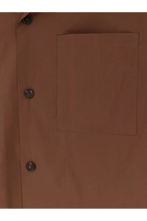Tan Hevò men’s cotton blend button-up shirt with single chest pocket and metallic buttons in brown color