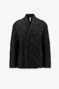 Hevò men’s faeto black quilted nylon down jacket with geometric raised circles and triangles wrap-style collar