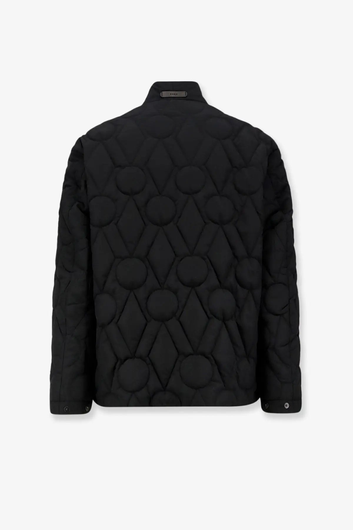Hevò men’s faeto black quilted nylon down jacket with geometric raised circular and diamond pattern