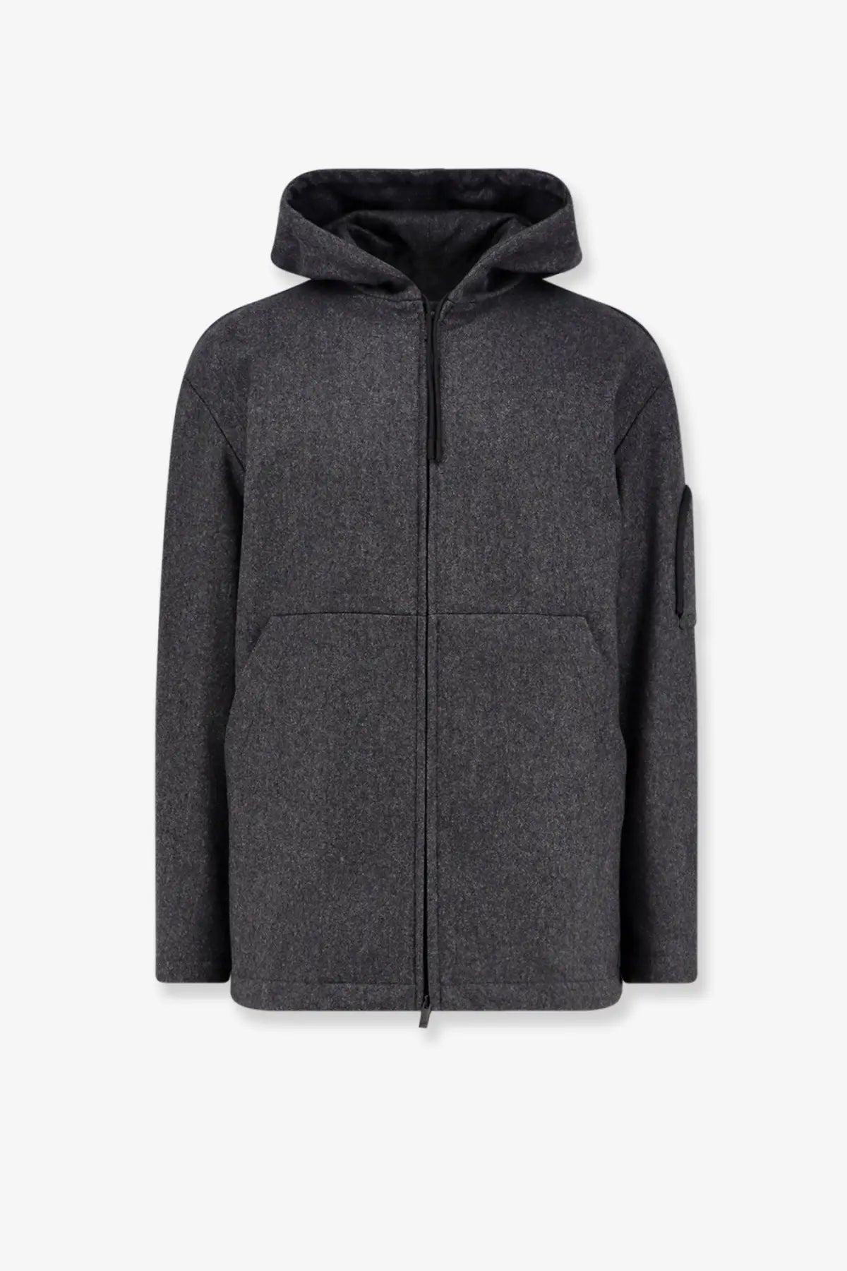 Dark gray textured hooded jacket with full-length zipper and two front pockets from hevò mens grottaverde virgin wool blend coat