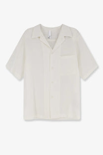 Hevò men’s cream short-sleeved linen and viscose blend shirt with collar and chest pocket in white color