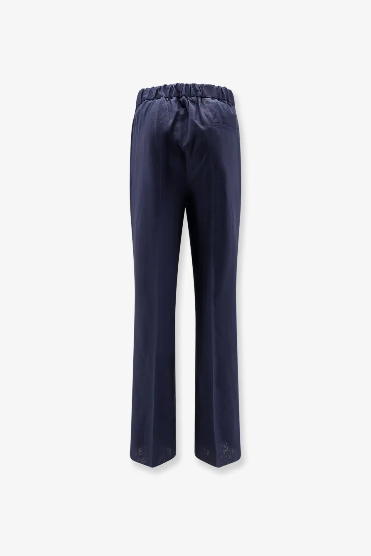 Hevò men’s navy blue satin linen and viscose trousers with elastic waistband and subtle sheen