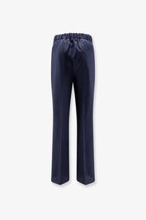 Hevò men’s navy blue satin trousers with elastic waistband made from linen and viscose with a subtle sheen